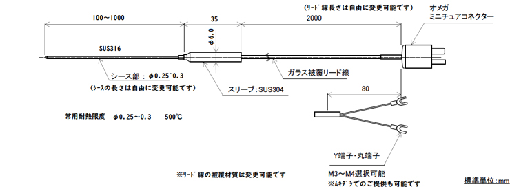 極細シースK熱電対 直径0.5mm（国産、Y端子/丸端/切りっぱなし）