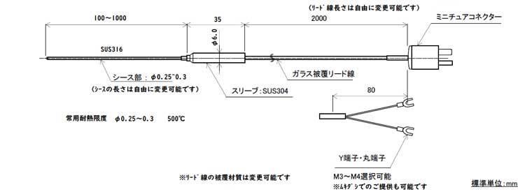 極細シースK熱電対 直径0.3mm（国産、ミニプラグ）