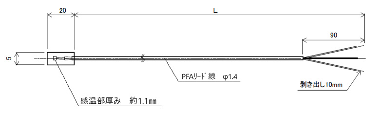 フィルムスリム型白金測温抵抗体 表面貼付型 (国産/Pt100温度センサー)の図面