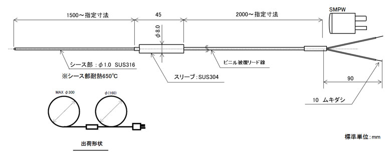 ロングシースK熱電対 直径1.0mm (国産)の図面