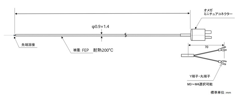 ローコスト先端溶接T熱電対 フッ素樹脂被覆 STT-CN20Fシリーズ 素線径0.2mmの図面