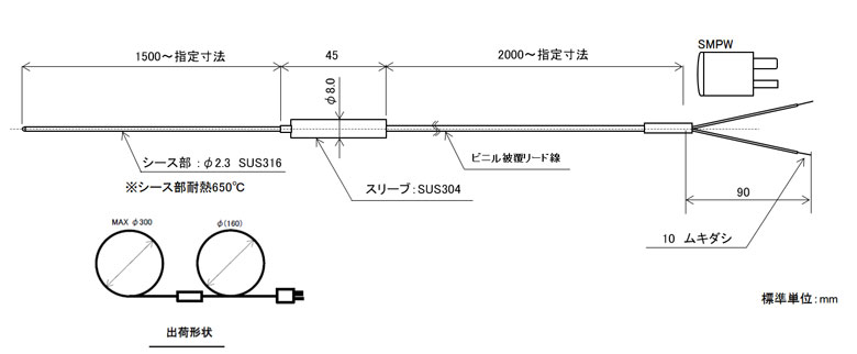 Jセンサ ロングシースK熱電対 直径2.3mm (国産)の図面