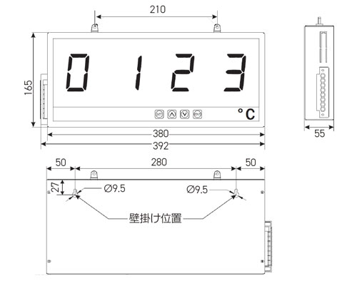 大型温度表示器 ST-MU-TCP100R (J/K/Pt100入力/文字高100mm)外形寸法図